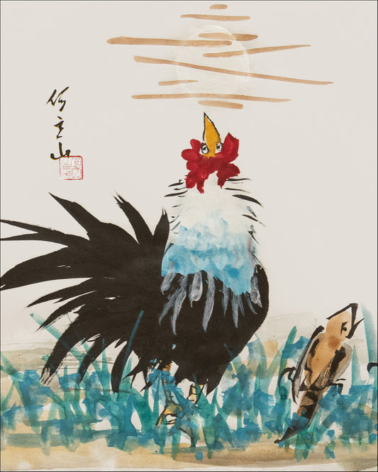 Rooster & Friend Greeting the Rising Sun (Dawn Poet #2)