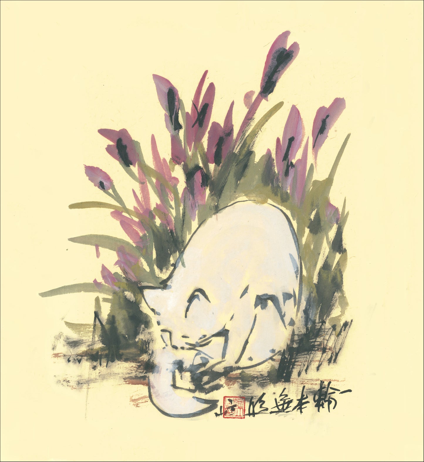 white cat with purple wild orchids